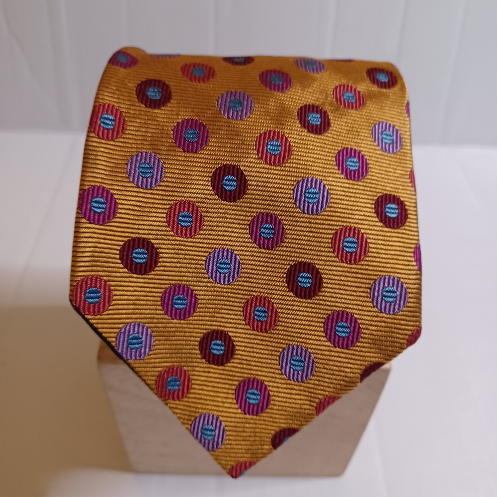 EXPRESS Men's Gold 100% Silk Tie With Multi Colored Poka Dot